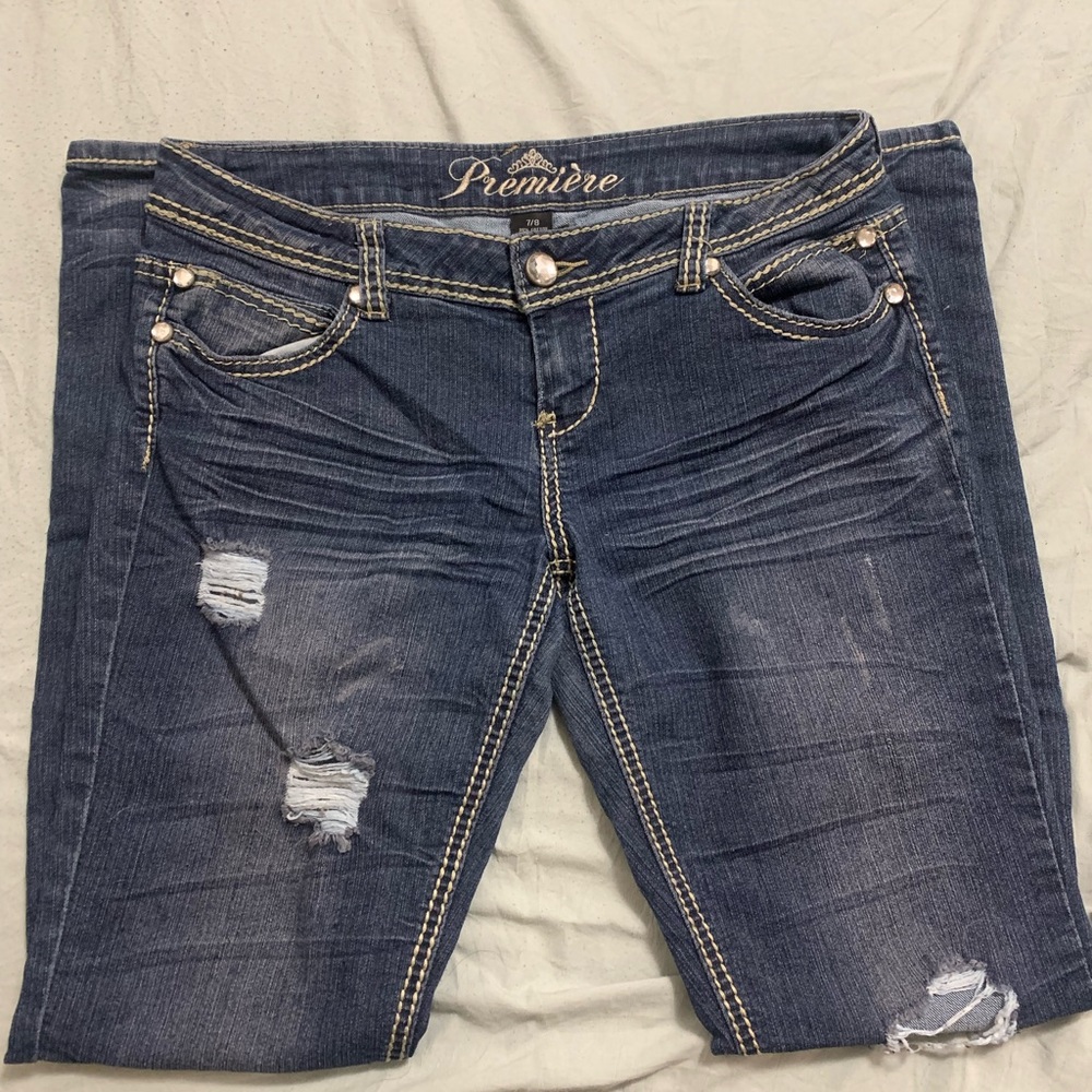 Premiere Denim Blue Skinny Jeans with Distressed Details